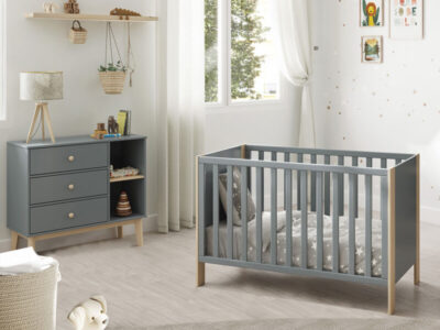 Βρεφικό Κρεβάτι 60×120 cm Kaina – AltoBuy Γκρι‑Πράσινο & Φυσικό Ξύλο