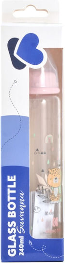 KikkaBoo Savanna Pink Γυάλινο Μπιμπερό 240ml με Θηλή Σιλικόνης Κατά των Κολικών 3m+