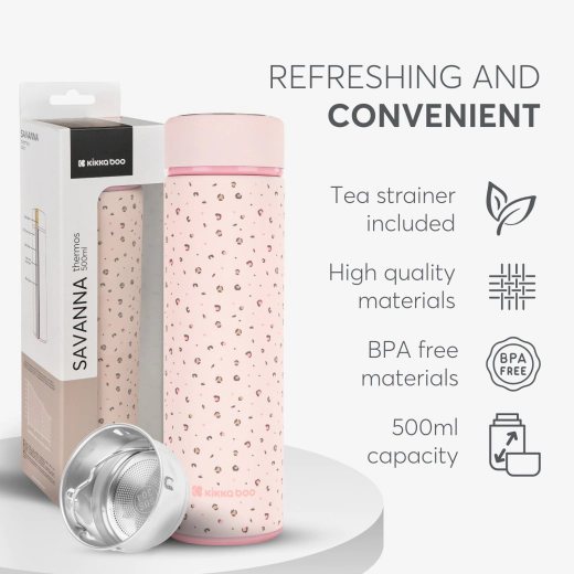 KikkaBoo Savanna Pink Θερμός Ανοξείδωτος 500ml με Διπλό Τοίχωμα & Φίλτρο Τσαγιού