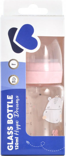 KikkaBoo Hippo Dreams Pink Γυάλινο Μπιμπερό 120ml με Θηλή Σιλικόνης Αντι-Κολικών 0+ Μηνών