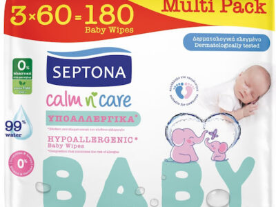Septona Calm N Care Υποαλλεργικά Μωρομάντηλα με 99% Νερό Χωρίς Οινόπνευμα & Parabens 3×60 Τεμάχια – 180 Τεμάχια