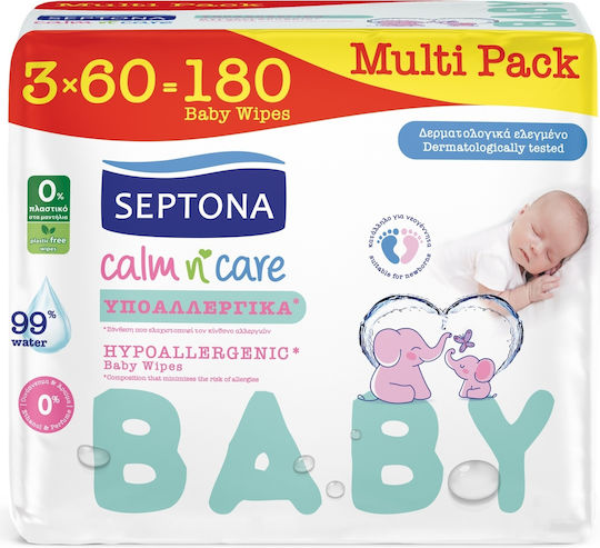 Septona Calm N Care Υποαλλεργικά Μωρομάντηλα με 99% Νερό Χωρίς Οινόπνευμα & Parabens 3×60 Τεμάχια – 180 Τεμάχια
