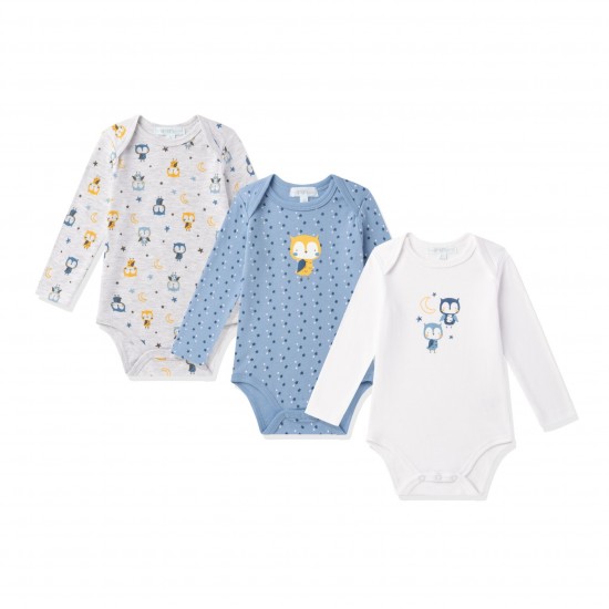 AMOMI 71018 – Σετ 3 Βρεφικά Κορμάκια Μακρυμάνικα Owl Blue 24M / 92 cm